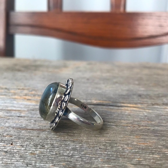 Sterling silver plated labradorite cocktail ring oval scrollwork boho jewelry - Picture 11 of 12